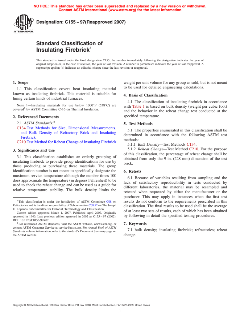 ASTM C155-97(2007) - Standard Classification of Insulating Firebrick