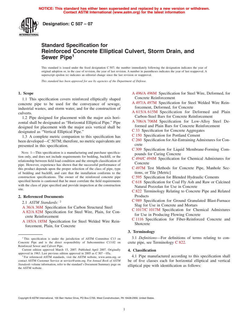 ASTM C507-07 - Standard Specification for Reinforced Concrete Elliptical Culvert, Storm Drain, and Sewer Pipe