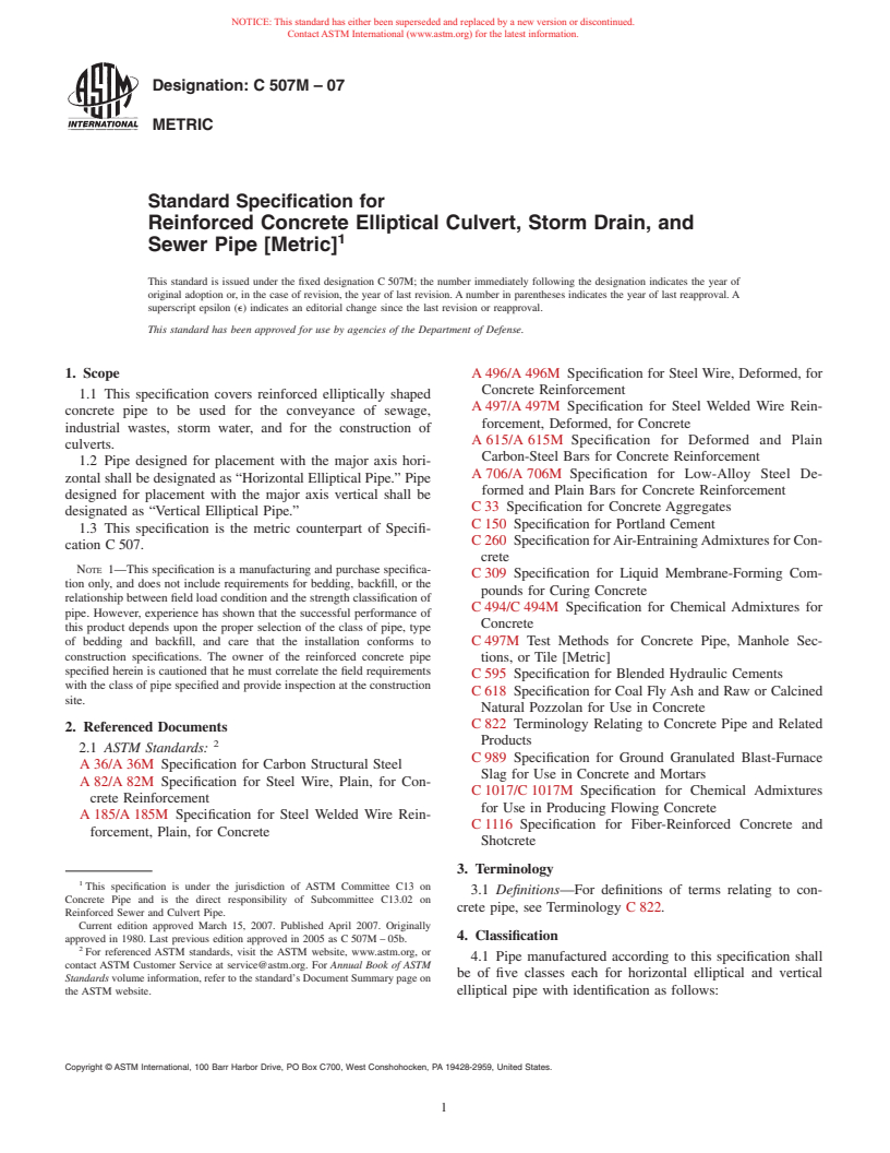 ASTM C507M-07 - Standard Specification for Reinforced Concrete Elliptical Culvert, Storm Drain, and Sewer Pipe (Metric)