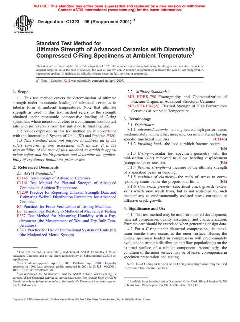 ASTM C1323-96(2001)e1 - Standard Test Method for Ultimate Strength of Advanced Ceramics with Diametrally Compressed C-Ring Specimens at Ambient Temperature