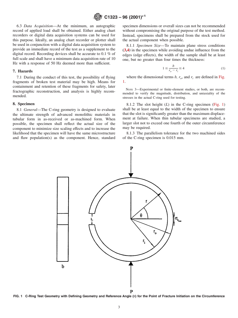 ASTM C1323-96(2001)e1 - Standard Test Method for Ultimate Strength of Advanced Ceramics with Diametrally Compressed C-Ring Specimens at Ambient Temperature