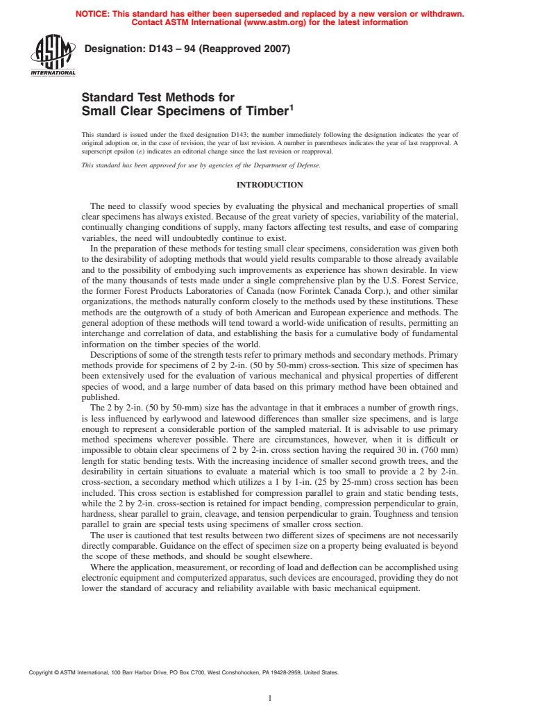 ASTM D143-94(2007) - Standard Test Methods for Small Clear Specimens of Timber