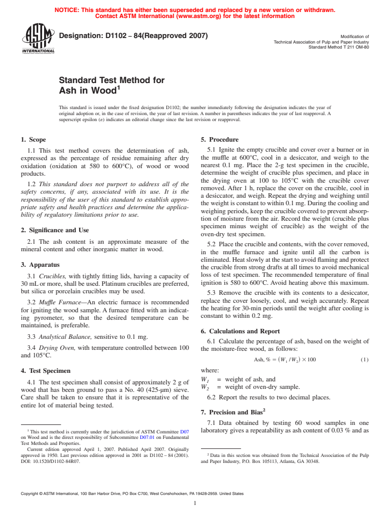 ASTM D1102-84(2007) - Standard Test Method for Ash in Wood