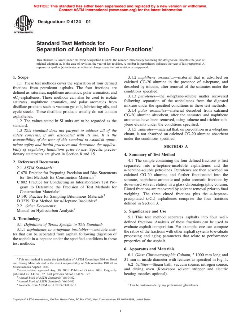 ASTM D4124-01 - Standard Test Methods for Separation of Asphalt into Four Fractions