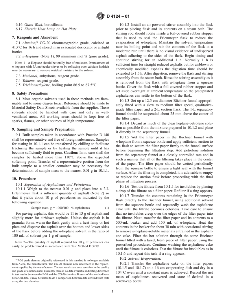 ASTM D4124-01 - Standard Test Methods for Separation of Asphalt into Four Fractions