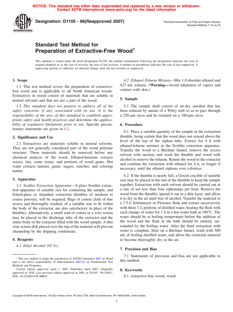 ASTM D1105-96(2007) - Standard Test Method for Preparation of Extractive-Free Wood