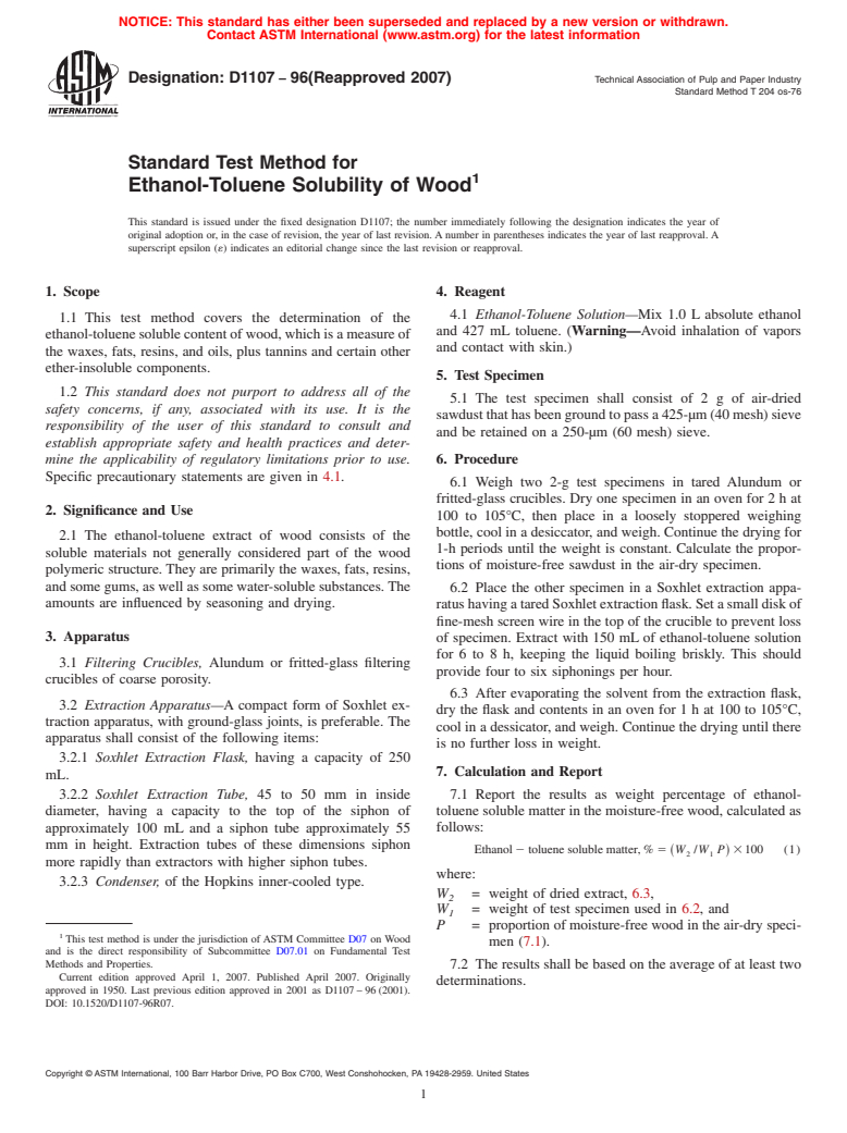 ASTM D1107-96(2007) - Standard Test Method for Ethanol-Toluene Solubility of Wood