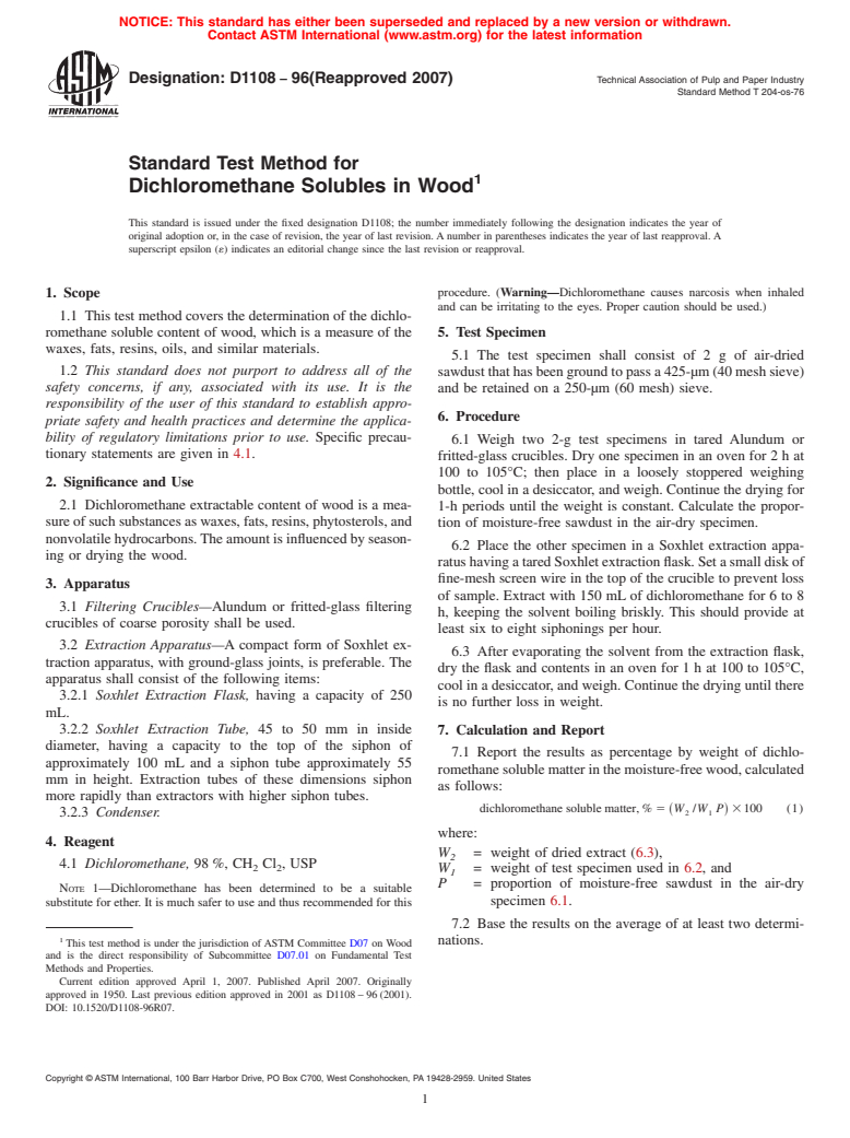 ASTM D1108-96(2007) - Standard Test Method for Dichloromethane Solubles in Wood