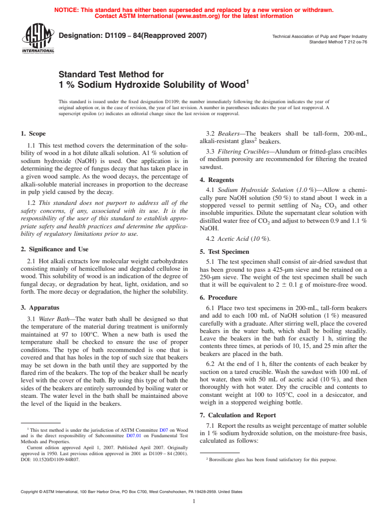 ASTM D1109-84(2007) - Standard Test Method for 1% Sodium Hydroxide Solubility of Wood