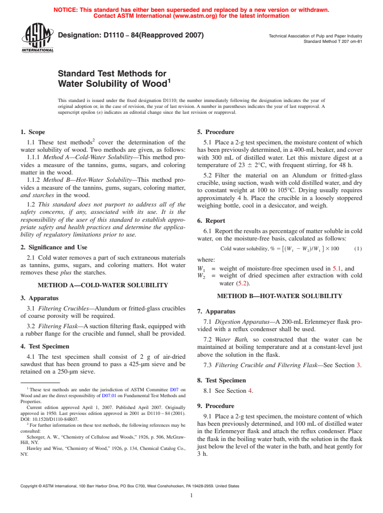 ASTM D1110-84(2007) - Standard Test Methods for Water Solubility of Wood