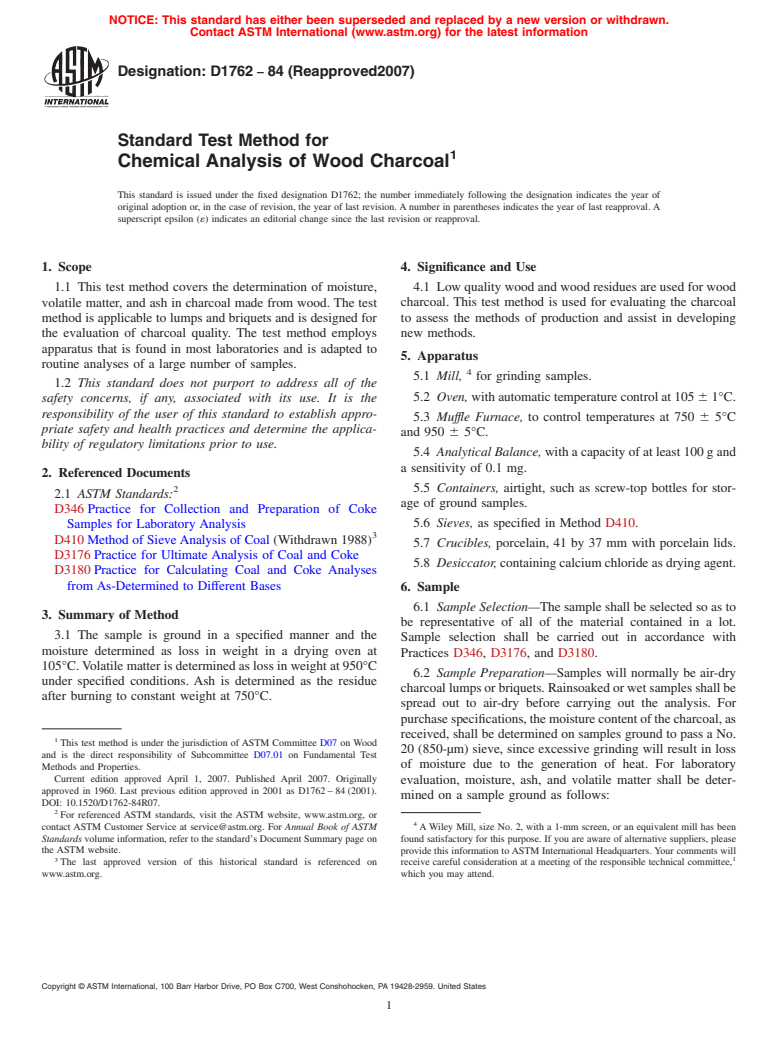 ASTM D1762-84(2007) - Standard Test Method for Chemical Analysis of Wood Charcoal