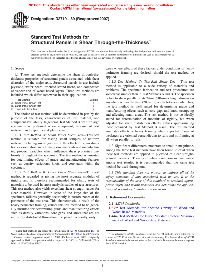 ASTM D2719-89(2007) - Standard Test Methods for Structural Panels in Shear Through-the-Thickness