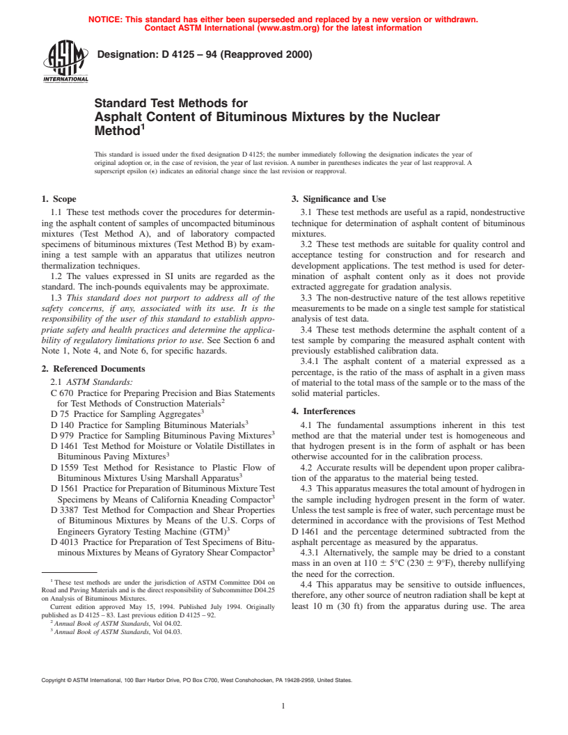 ASTM D4125-94(2000) - Standard Test Methods for Asphalt Content of Bituminous Mixtures by the Nuclear Method