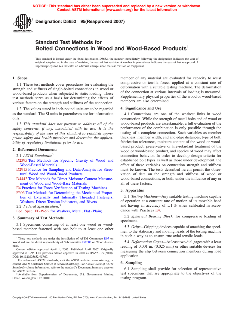 ASTM D5652-95(2007) - Standard Test Methods for Bolted Connections in Wood and Wood-Base Products