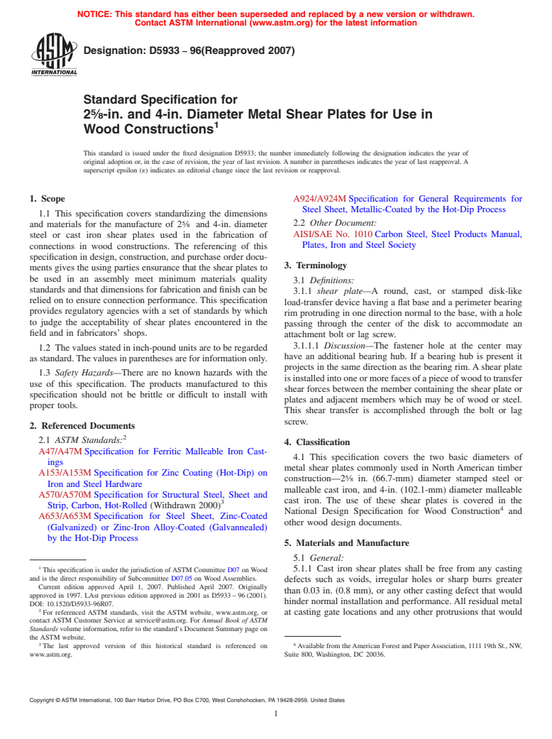 ASTM D5933-96(2007) - Standard Specification for 2 5/8-in. and 4-in. Diameter Metal Shear Plates for Use in Wood Constructions