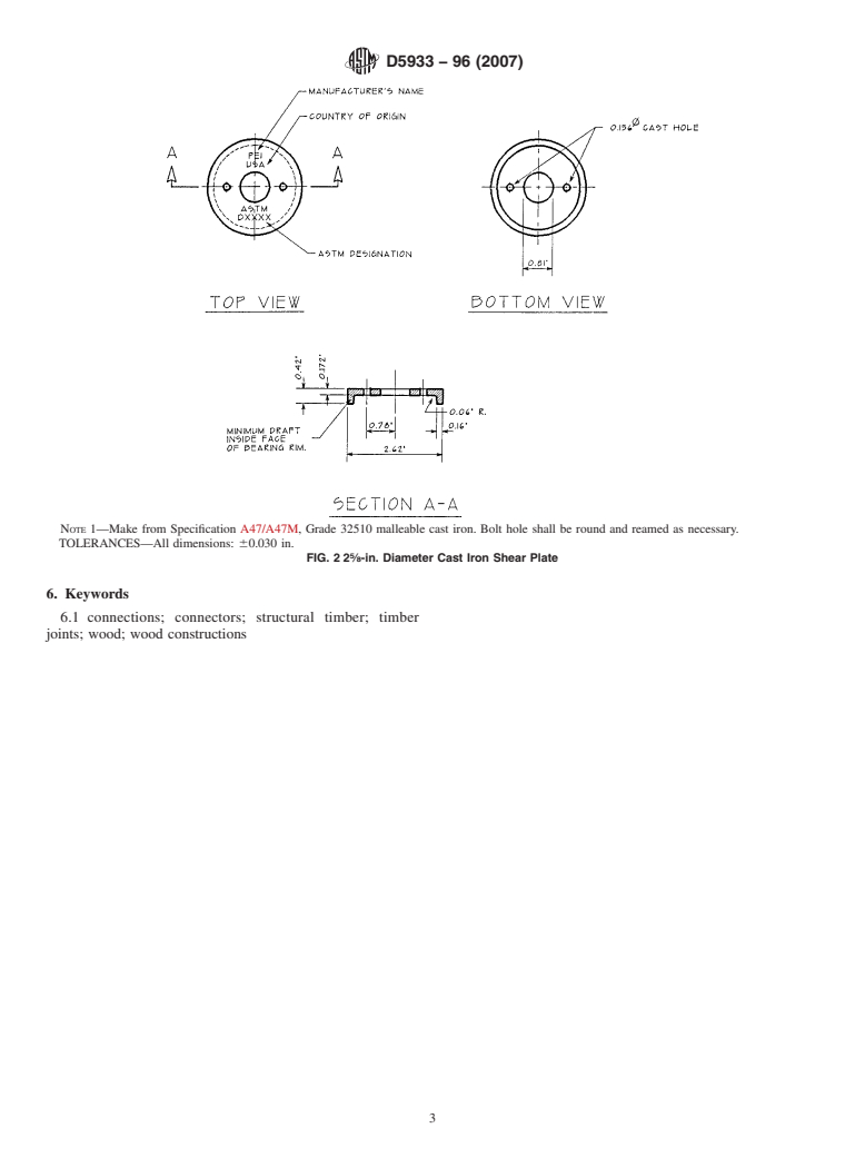 ASTM D5933-96(2007) - Standard Specification for 2 5/8-in. and 4-in. Diameter Metal Shear Plates for Use in Wood Constructions