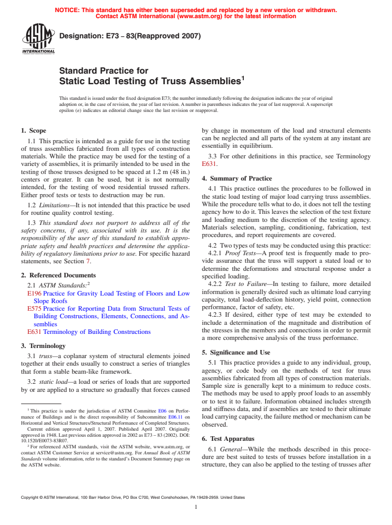 ASTM E73-83(2007) - Standard Practice for Static Load Testing of Truss Assemblies