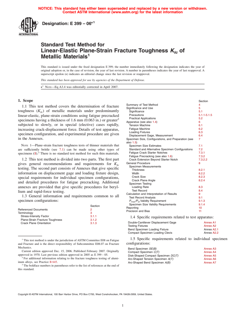 ASTM E399-06e1 - Standard Test Method for Linear-Elastic Plane-Strain Fracture Toughness K<sub>Ic</sub> of Metallic Materials