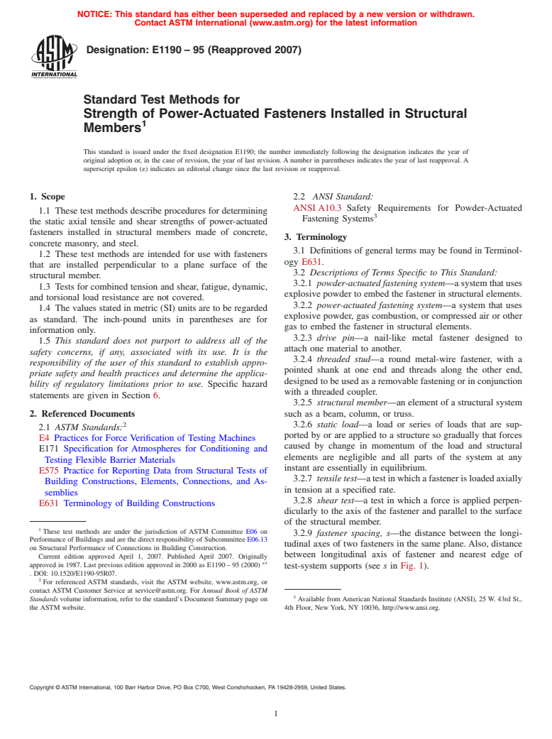 ASTM E1190-95(2007) - Standard Test Methods for Strength of Power-Actuated Fasteners Installed in Structural Members