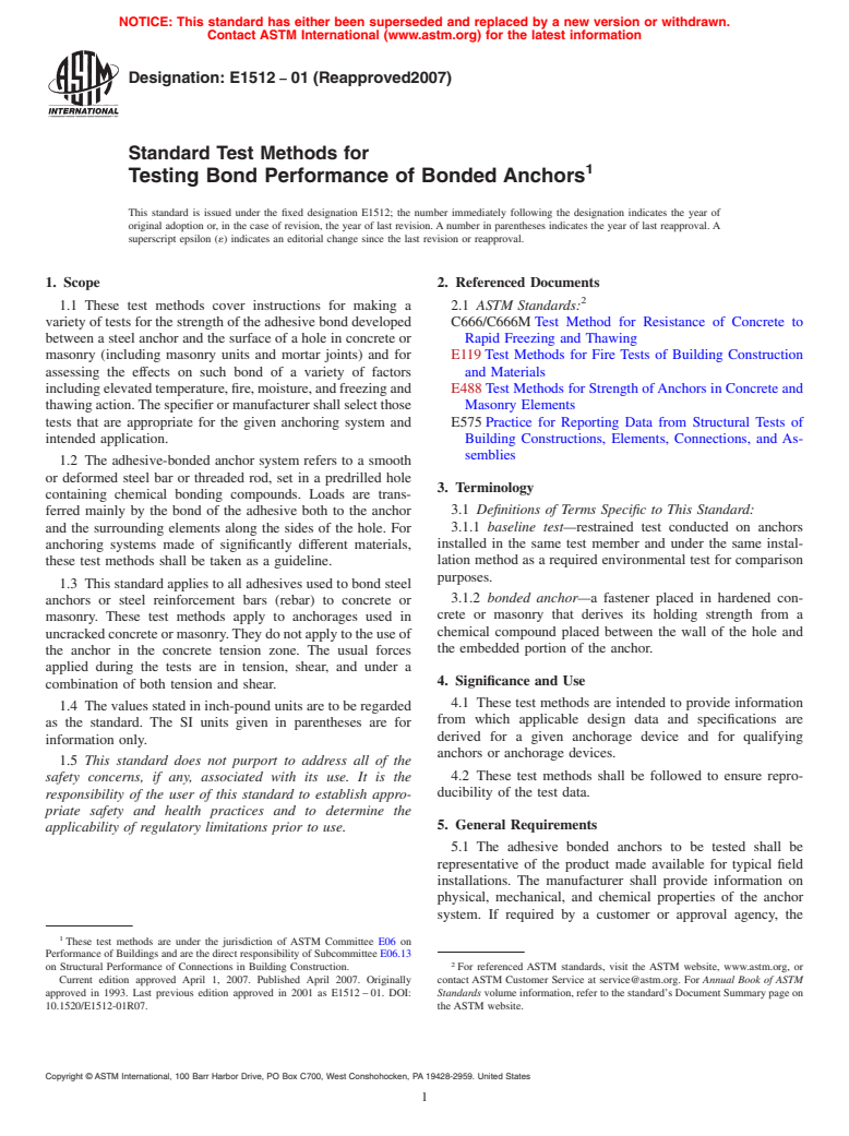 ASTM E1512-01(2007) - Standard Test Methods for Testing Bond Performance of Bonded Anchors
