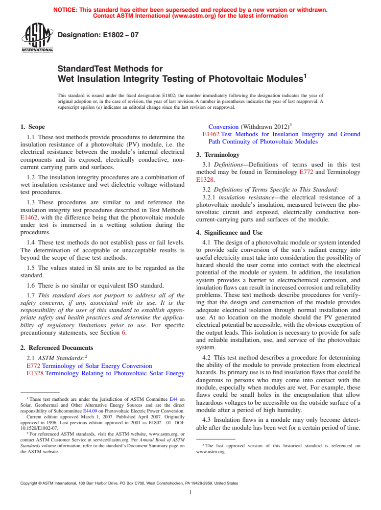 ASTM E1802-07 - Standard Test Methods for Wet Insulation Integrity Testing of Photovoltaic Modules