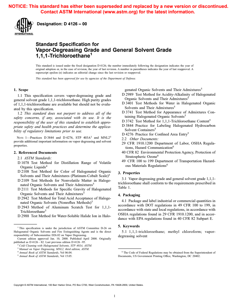 ASTM D4126-00 - Standard Specification for Vapor-Degreasing Grade and General Solvent Grade 1,1,1-Trichloroethane