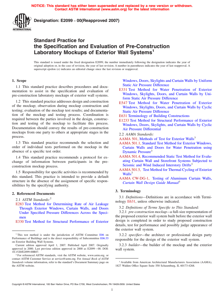 ASTM E2099-00(2007) - Standard Practice for the Specification and Evaluation of Pre-Construction Laboratory Mockups of Exterior Wall Systems