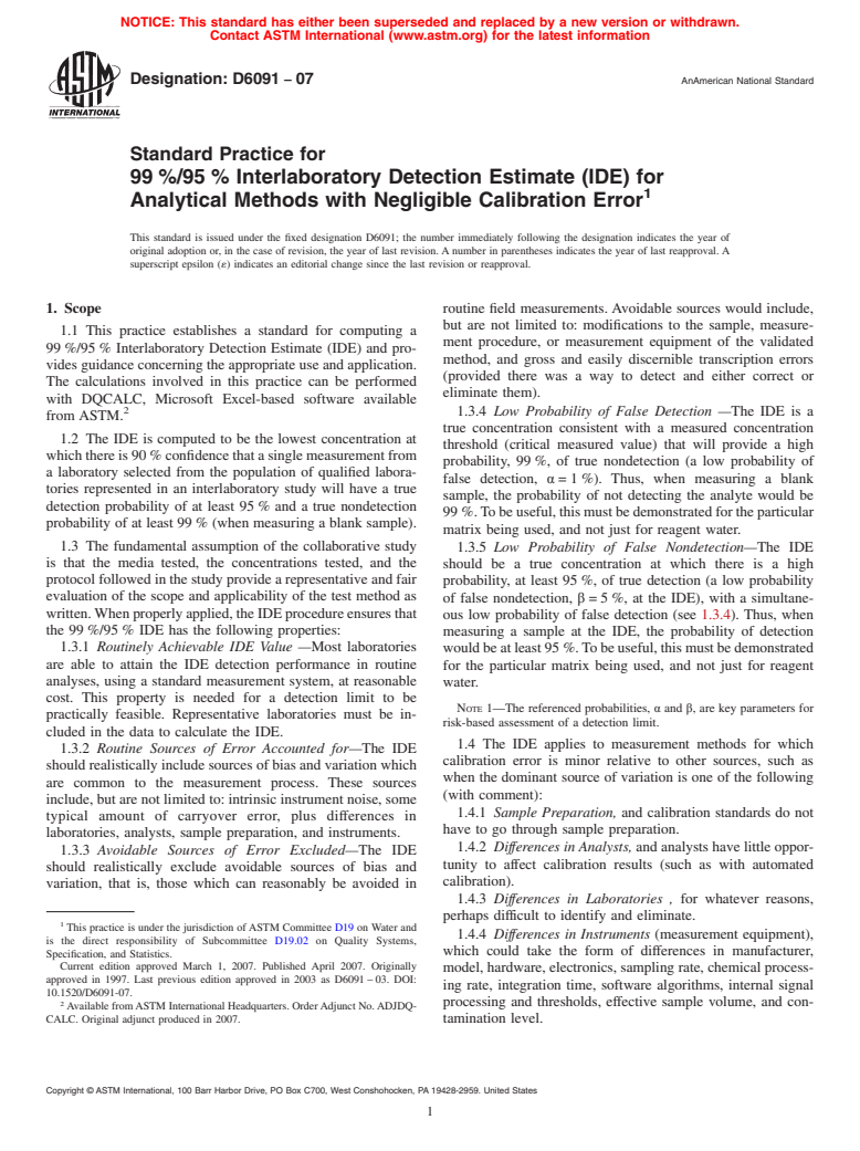 ASTM D6091-07 - Standard Practice for 99 %/95 % Interlaboratory Detection Estimate (IDE) for Analytical Methods with Negligible Calibration Error