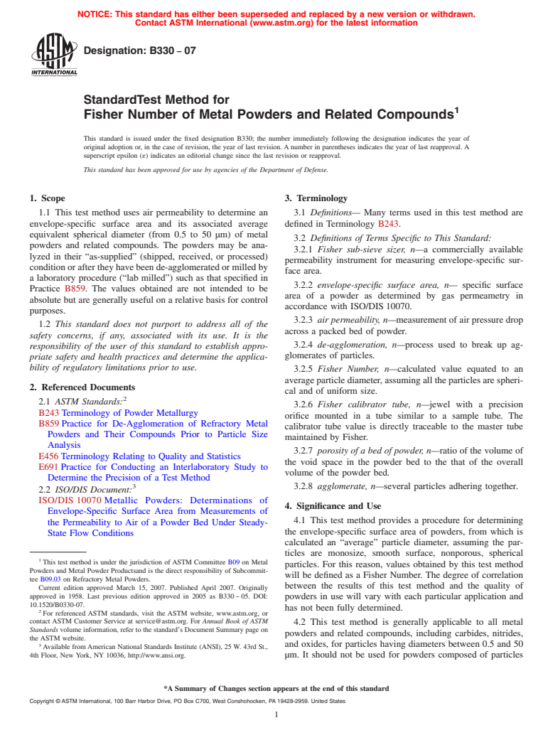 ASTM B330-07 - Standard Test Method for Fisher Number of Metal Powders and  Related Compounds