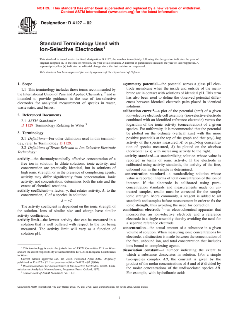 ASTM D4127-02 - Standard Terminology Used with Ion-Selective Electrodes