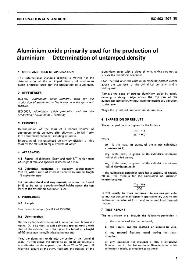 ISO 903:1976 - Aluminium oxide primarily used for the production of aluminium -- Determination of untamped density