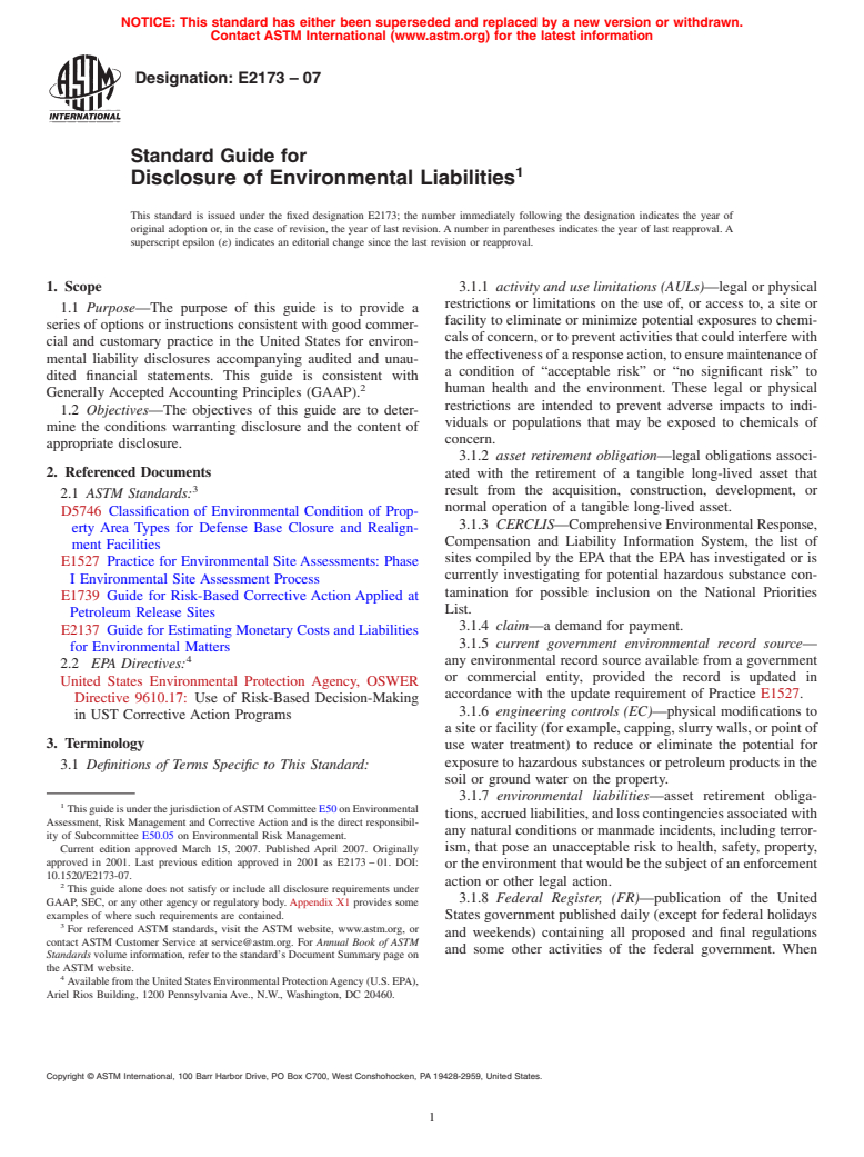 ASTM E2173-07 - Standard Guide for Disclosure of Environmental Liabilities