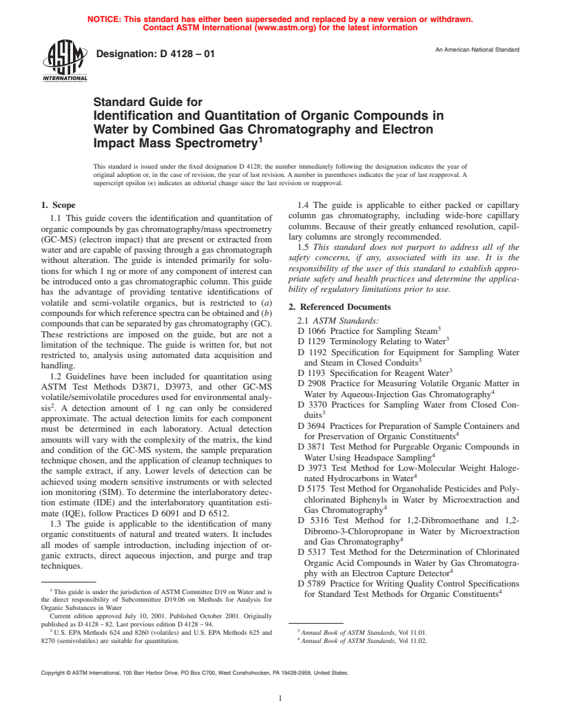 ASTM D4128-01 - Standard Guide for Identification and Quantitation of Organic Compounds in Water by Combined Gas Chromatography and Electron Impact Mass Spectrometry