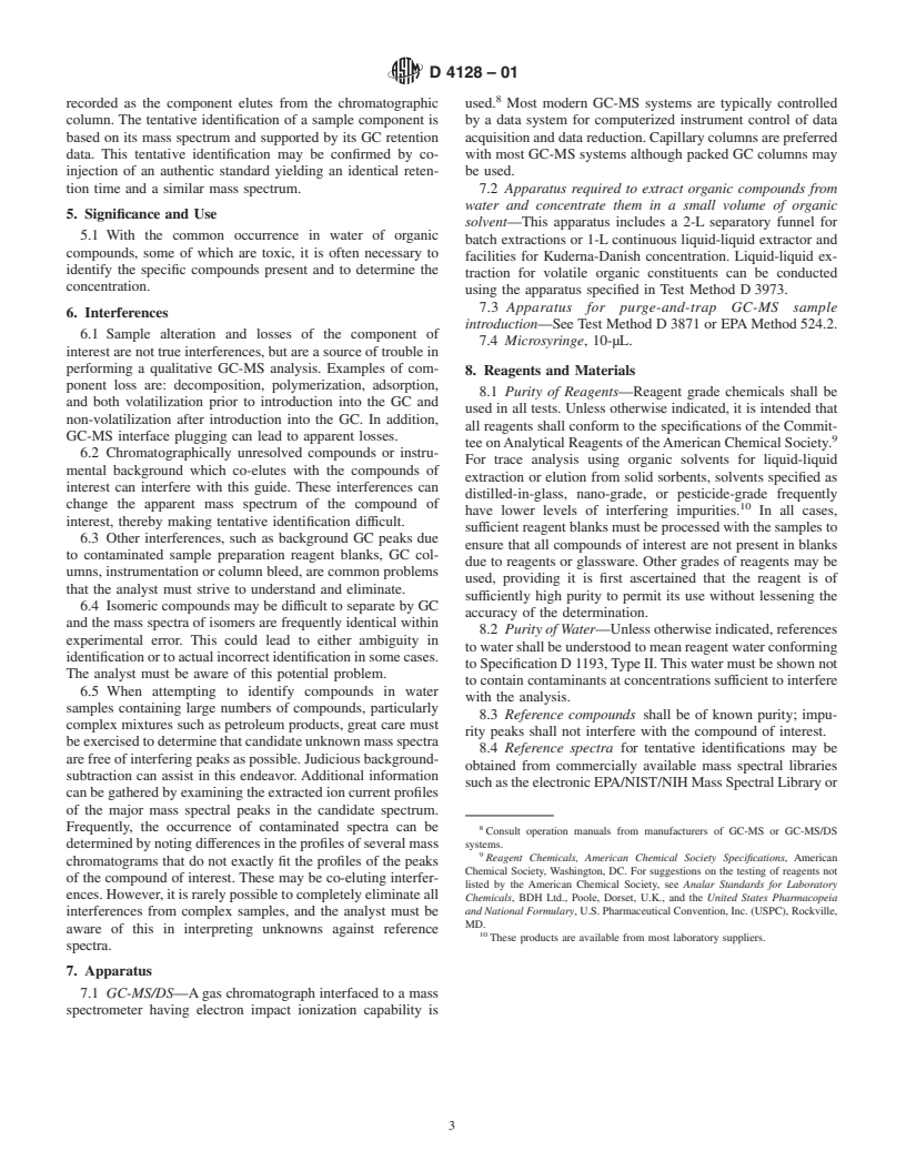 ASTM D4128-01 - Standard Guide for Identification and Quantitation of Organic Compounds in Water by Combined Gas Chromatography and Electron Impact Mass Spectrometry