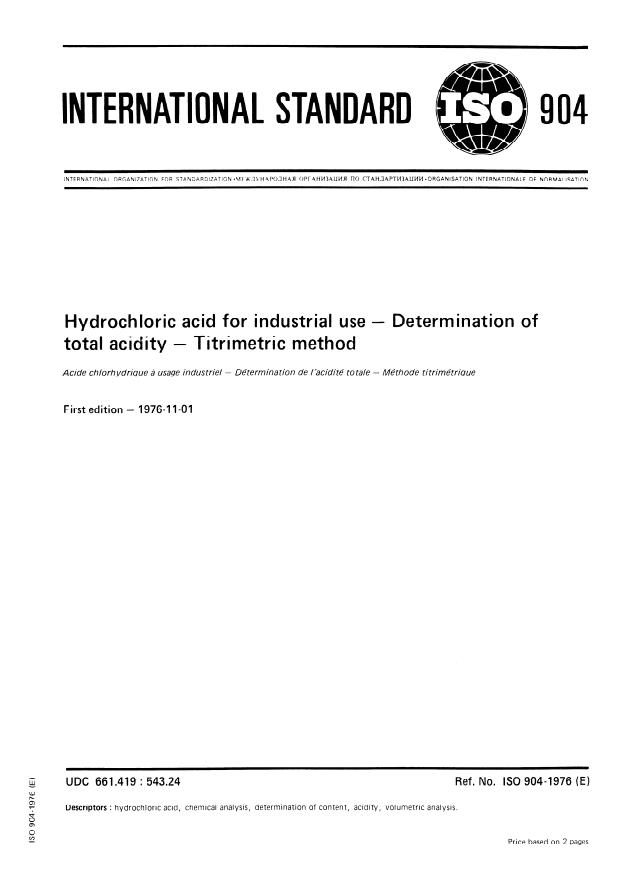 ISO 904:1976 - Hydrochloric acid for industrial use -- Determination of total acidity -- Titrimetric method