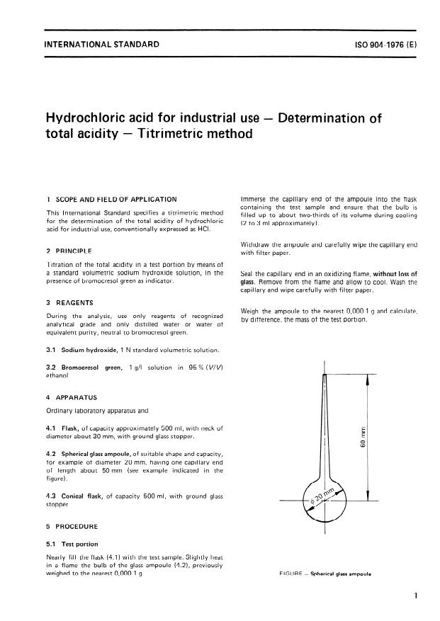 ISO 904:1976 - Hydrochloric acid for industrial use -- Determination of total acidity -- Titrimetric method