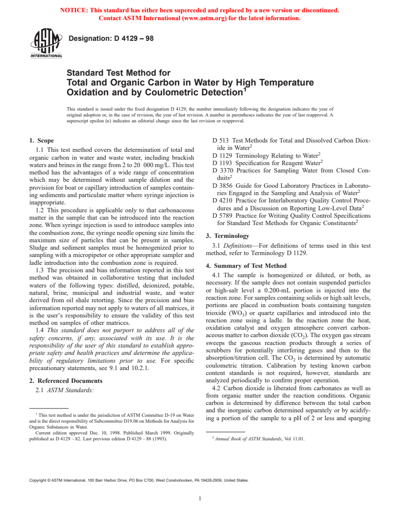 ASTM D4129-98 - Standard Test Method for Total and Organic Carbon in Water by High Temperature Oxidation and by Coulometric Detection