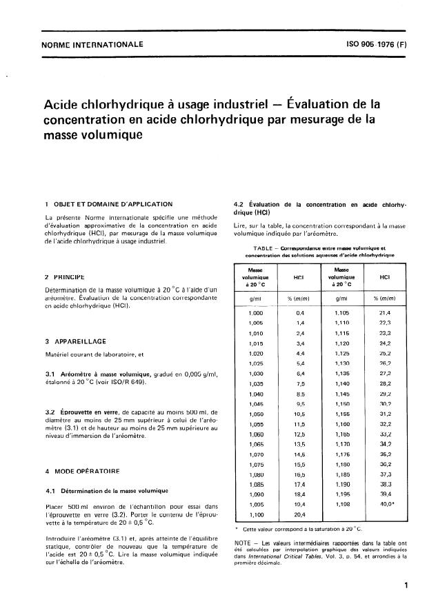 ISO 905:1976 - Acide chlorhydrique a usage industriel -- Évaluation de la concentration en acide chlorhydrique par mesurage de la masse volumique
