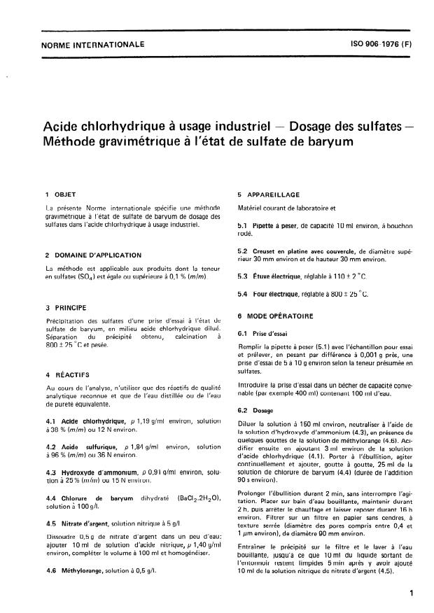 ISO 906:1976 - Acide chlorhydrique a usage industriel -- Dosage des sulfates -- Méthode gravimétrique a l'état de sulfate de baryum