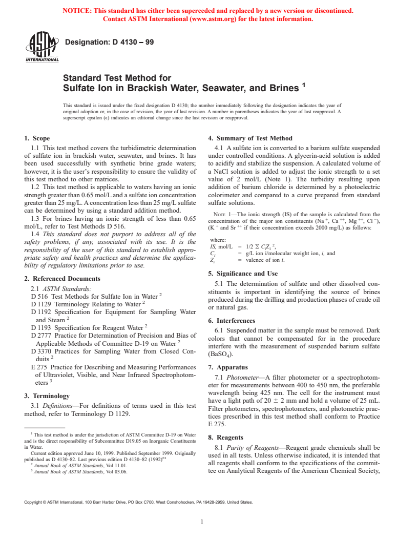 ASTM D4130-99 - Standard Test Method for Sulfate Ion in Brackish Water, Seawater, and Brines