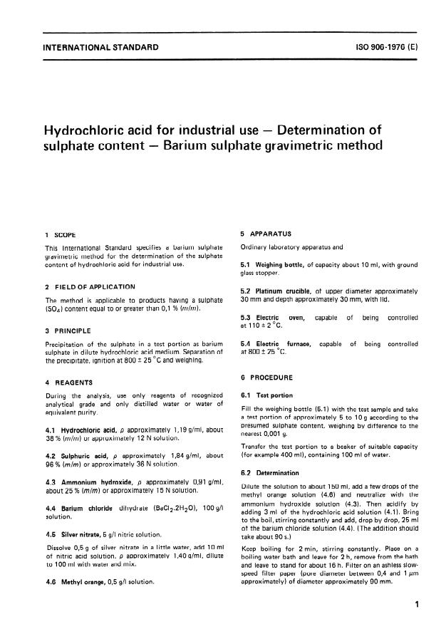 ISO 906:1976 - Hydrochloric acid for industrial use -- Determination of sulphate content -- Barium sulphate gravimetric method