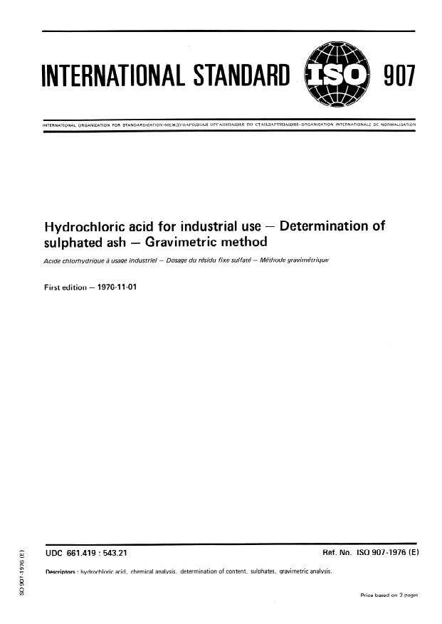 ISO 907:1976 - Hydrochloric acid for industrial use -- Determination of sulphated ash -- Gravimetric method