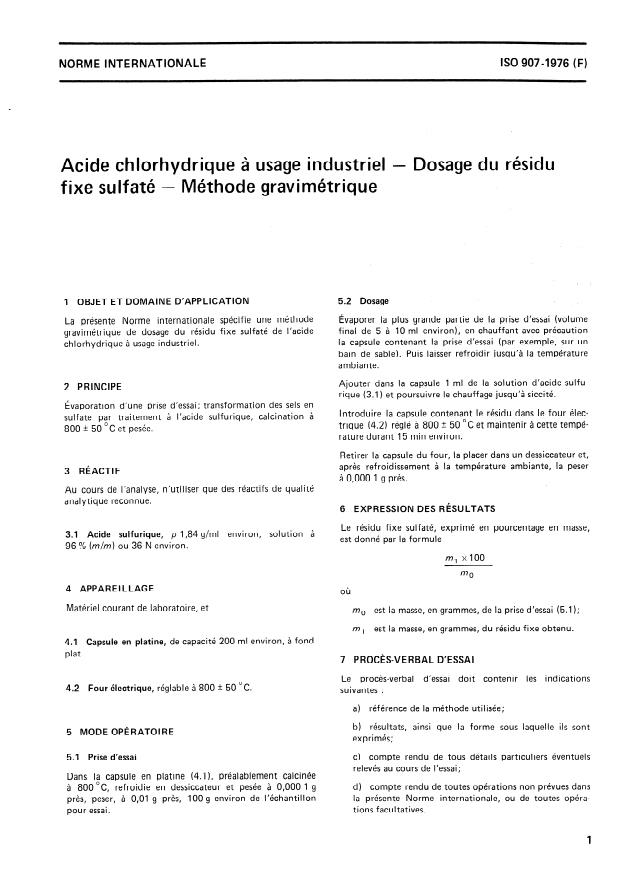 ISO 907:1976 - Acide chlorhydrique a usage industriel -- Dosage du résidu fixe sulfaté -- Méthode gravimétrique