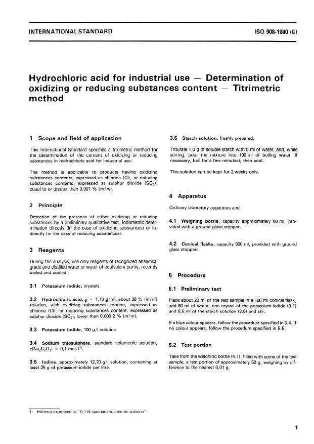 ISO 908:1980 - Hydrochloric acid for industrial use -- Determination of oxidizing or reducing substances content -- Titrimetric method