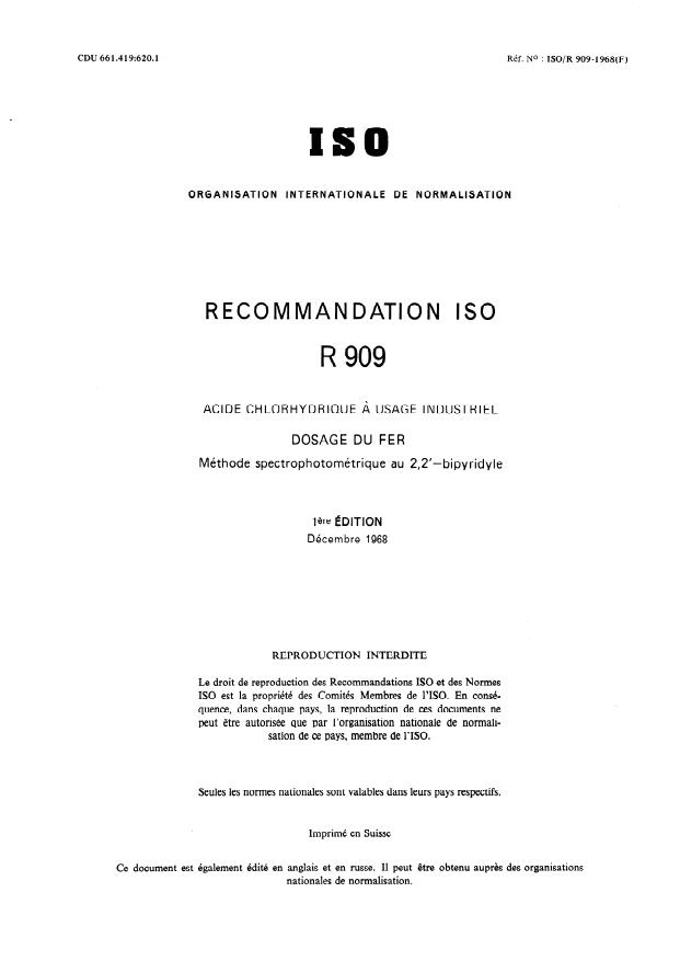 ISO/R 909:1968 - Acide chlorhydrique a usage industriel -- Dosage du fer -- Méthode spectrophotométrique au 2,2'- bipyridyle