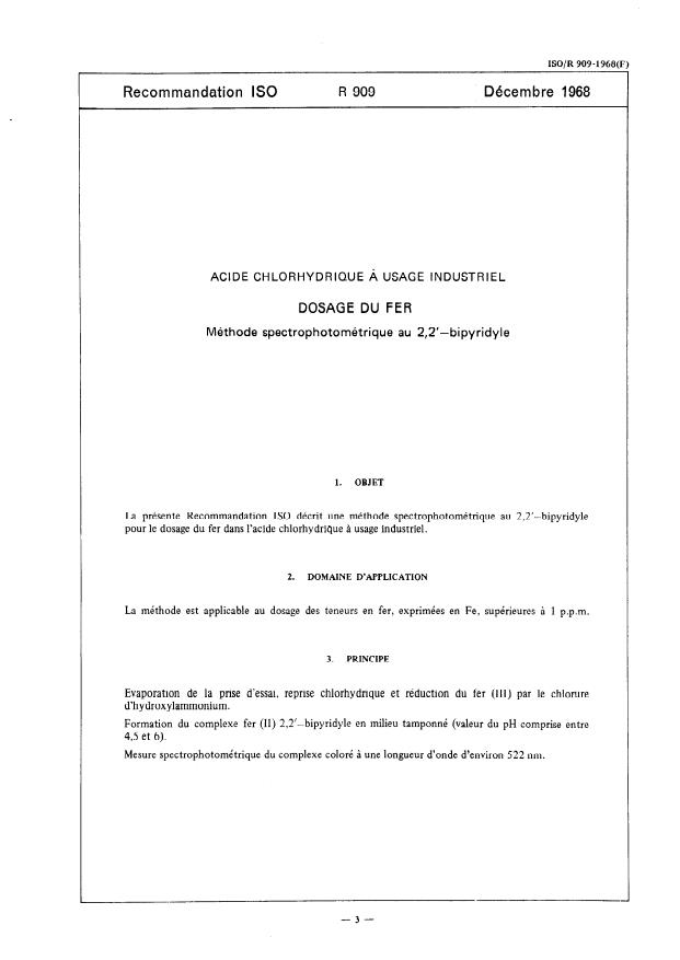 ISO/R 909:1968 - Acide chlorhydrique a usage industriel -- Dosage du fer -- Méthode spectrophotométrique au 2,2'- bipyridyle