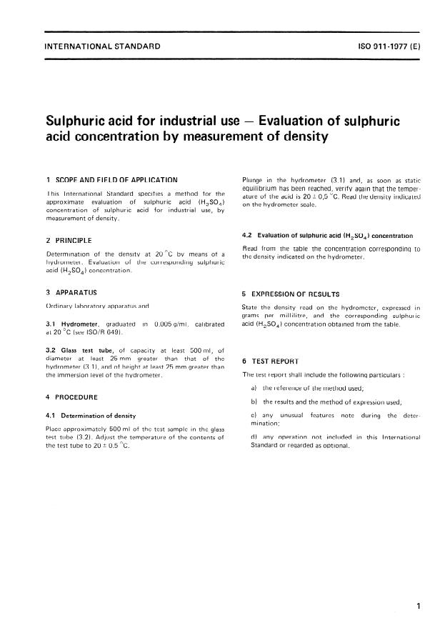 ISO 911:1977 - Sulphuric acid for industrial use -- Evaluation of sulphuric acid concentration by measurement of density