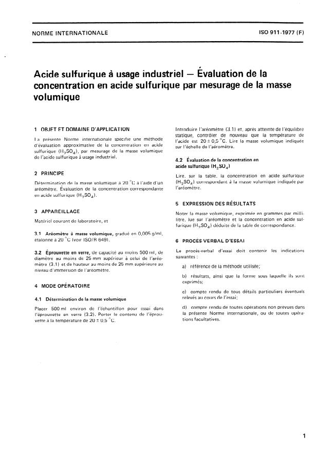 ISO 911:1977 - Acide sulfurique a usage industriel -- Évaluation de la concentration en acide sulfurique par mesurage de la masse volumique