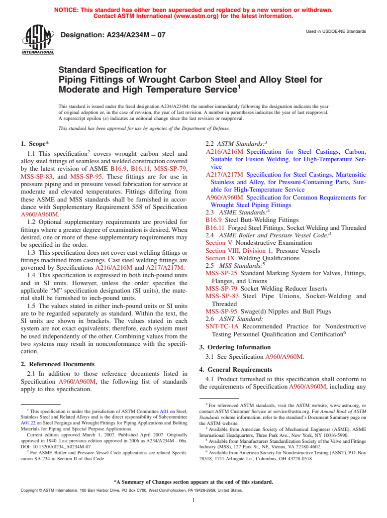 ASTM A234/A234M-07 - Standard Specification for Piping Fittings of Wrought Carbon Steel and Alloy Steel for Moderate and High Temperature Service