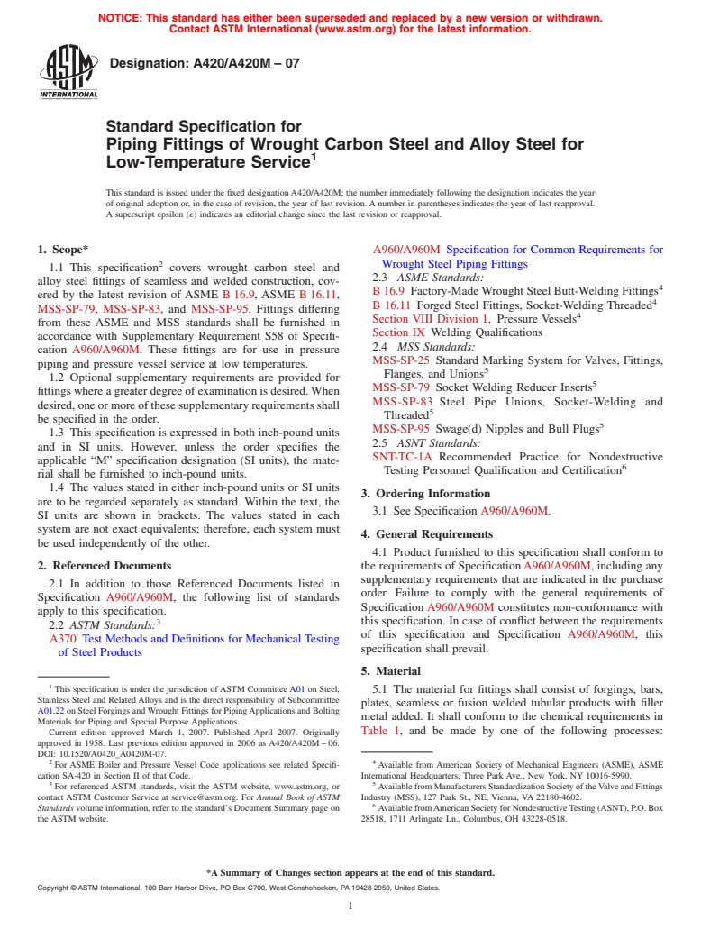 ASTM A420/A420M-07 - Standard Specification for Piping Fittings of Wrought Carbon Steel and Alloy Steel for Low-Temperature Service